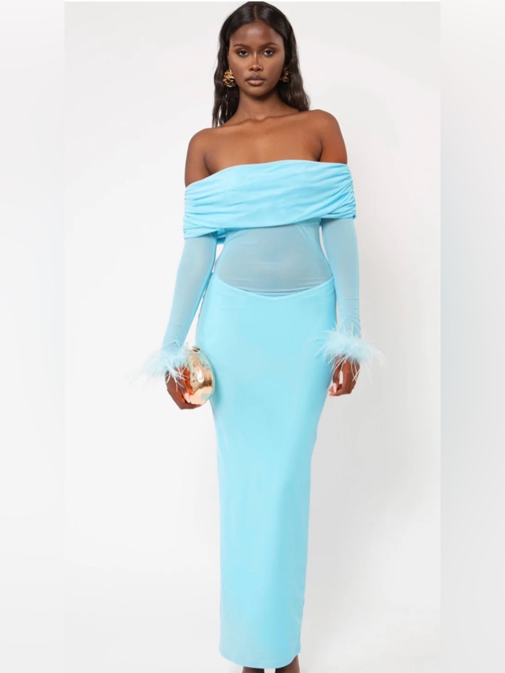 Light Blue Off-Shoulder Feather Cuff Maxi Dress - Picture 2 of 7